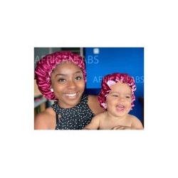 African Fabs Satin Hair Bonnet (Mommy & Me set) – Set saténových čiapok s gumičkou pre kučeravé vlasy (mama a dcéra – 2 ks)